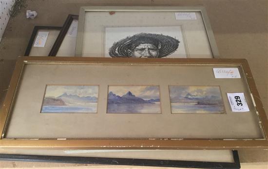 Scottish Islands, 3 watercolours framed as one; Vanity Fair, Men of The Day No.75; medieval Cologne etching & Mauritian sugar worker